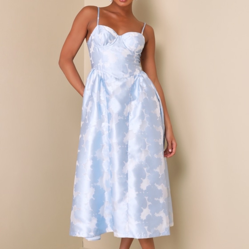 Lulus Gorgeous Destiny Light Blue Burnout Jacquard Bustier Midi Dress - Size S